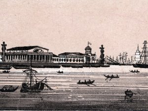 Sint-Petersburg, Rusland: uitzicht op de Neva-rivier en de Beurs in Sint-Petersburg in 