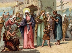 Sainte Genevieve (422-502), beschermheilige van Parijs tijdens de hongersnood. Chromolithografie rond 1890