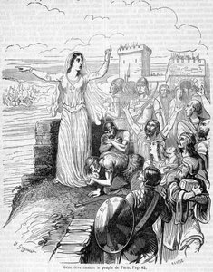 Sainte Geneviève organiseert de verdediging van Parijs tegen de hordes van Attila en stelt de mensen van Parijs gerust - in 