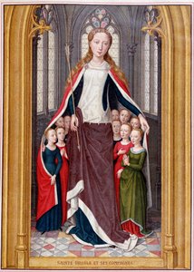 Sint Ursula herbergt haar metgezellen onder haar mantel, naar de jacht van Sint Ursula, Brugge, Memling