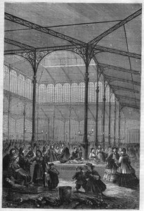 Verkoop van vis op de veiling in de Halles de Paris in 1866 (Pavillon Baltard)