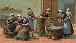Sardine-industrie: koppen snijden, zouten. Chromolithografie van het einde van de 19e eeuw door Unknown artist
