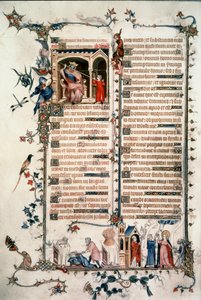 Saul bedreigt David, Kaïn doodt Abel, Allegorieën van de Eucharistie en Liefdadigheid. Brevier van Belleville. 1323-1326. Ms. Lat. 10483 fol.24v. - Jean Maid. Belleville Brevier door Unknown artist