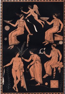 Scène van inwijding in de cultus van de mysteriën van Eleusis - cultus van Demeter en Persephone in Eleusis in het oude Griekenland - gravure uit 
