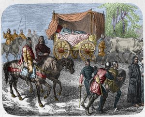 Scène die de luie koningen uitbeeldt: Koning van Frankrijk Thierry III (673-691) wordt in een tank met een bed getrokken door ossen door Unknown artist