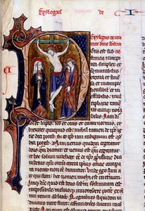 Scène van kruisiging in een briefhoofd (letter D). Miniatuur in Speculum historiale door Vincent De Beauvais (12e eeuw)