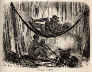 Scène uit het familieleven van de Yahuas-indianen van de missie van San Jose (Peru), de man speelt met zijn jongste in een hangmat, terwijl de vrouw en het kind palmstelen voorbereiden, bestemd voor het maken van hangmatten waarin de Yahuas uitblinken. Gra door Unknown artist