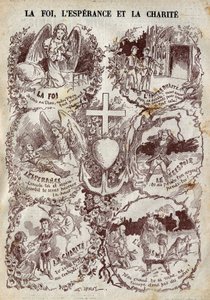 Scènes die Geloof, Hoop, Liefde en hun tegenpolen, Ongeloof, Wanhoop en Egoïsme illustreren. Illustratie in 