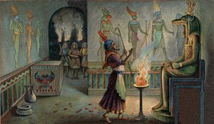 Scènes van verdwenen koninkrijken: Begrafenisceremonies in Egyptische mausolea. De regerende farao, die in zijn hoedanigheid als hogepriester van de eredienst verantwoordelijk was voor de offers ter ere van zijn voorgangers, is specifiek bezig als officier door Unknown artist