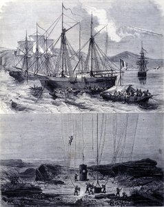 Zoeken naar Spaanse galeonscheepswrakken in de Baai van Vigo in 1702. 19e eeuw door Unknown artist