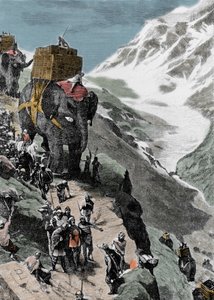 Tweede Punische Oorlog. Het leger van Hannibal Barca steekt de Alpen over, 218 v.Chr. Italiaanse gravure uit de 19e eeuw.