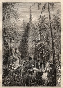 Tweede reis (1772-1775) door kapitein James Cook (1728-1779): traditionele ronde huis, op het dak van een aanzienlijke hoogte (Nieuw-Caledonië) - illustratie uit 