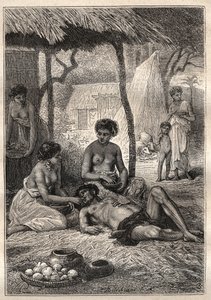 Tweede reis (1772-1775) van Kapitein James Cook (1728-1779): een eilandbewoner die zijn dag doorbracht met het worden opgeslokt door zijn vrouwen (Tahiti) - illustratie uit 