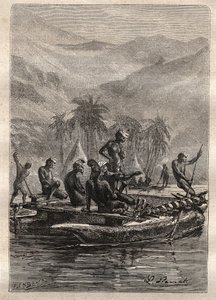Tweede reis (1772-1775) van Kapitein James Cook (1728-1779): de inboorlingen hadden genoeg vertrouwen om te naderen en te ruilen (Nieuw-Caledonië) - illustratie uit 