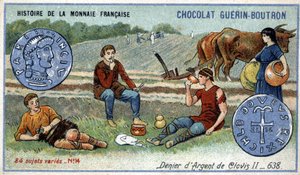 Serie Histoire de la Monnaie Française uitgegeven door Chocolat Guérin Boutron. Zilveren denier van Clovis II in 638 door Unknown artist