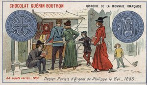 Serie Histoire de la Monnaie Française uitgegeven door Chocolat Guérin Boutron. Chromolithografie 19e eeuw. Zilveren denier door Philippe le Bel in 1285
