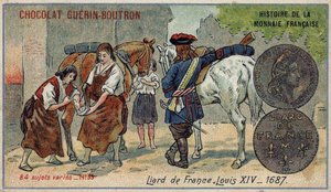 Serie Histoire de la Monnaie Française uitgegeven door Chocolat Guérin Boutron. Chromolithografie 19e eeuw. Liard uit Frankrijk. Lodewijk XIV in 1687