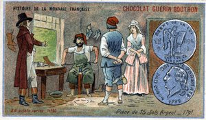 Serie Histoire de la Monnaie Française uitgegeven door Chocolat Guérin Boutron. Chromolithografie 19e eeuw. munten van 15 zilveren sols in 1791 door Unknown artist