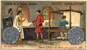Serie Histoire de la Monnaie Française uitgegeven door Chocolat Guérin Boutron. Chromolithografie 19e eeuw. De Zilveren Denier van Reims onder Lodewijk V. in 986 door Unknown artist