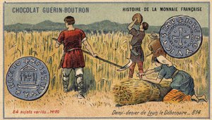 Serie Histoire de la Monnaie Française uitgegeven door Chocolat Guérin Boutron. Chromolithografie 19e eeuw. Halve denier van Lodewijk de Vrome in 814 door Unknown artist