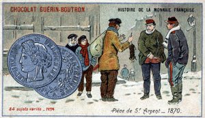Serie Histoire de la Monnaie Française uitgegeven door Chocolat Guérin Boutron. Chromolithografie 19e eeuw. 5 frank zilveren munt in 1870 door Unknown artist