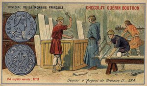 Serie Histoire de la Monnaie Française uitgegeven door Chocolat Guérin Boutron. Chromolithografie 19e eeuw. Zilveren Denier van Clotaire II in 584 door Unknown artist