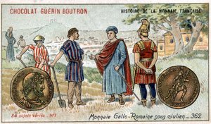 Serie Histoire de la Monnaie Française uitgegeven door Chocolat Guérin Boutron. Chromolithografie 19e eeuw. Gallo-Romeinse munten onder Julien
