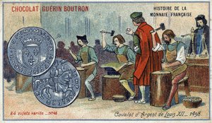 Serie Histoire de la Monnaie Française uitgegeven door Chocolat Guérin Boutron. De zilveren Cavalot van Lodewijk XII. 1498