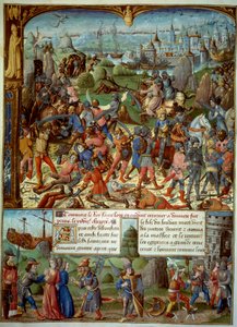 Zevende Kruistocht (1248-1254). Bovenaan, Lodewijk IX (Saint Louis) (1215-1270), koning van Frankrijk, met de kruistochten na te zijn verslagen door de Saracenen bij Mansourah in 1250. Ze trokken zich terug achter de torens van Damascus. Lodewijk IX en zij