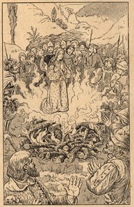 Zij blijft in het midden van de vlammen... Sint Rosa van Viterbo (Rosa da Viterbo) (1233-1252). Gravure uit het einde van de 19e eeuw. Privécollectie. door Unknown artist