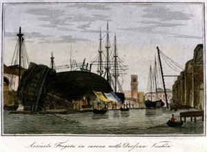 Schip neergeschoten in de romp. Venetiaanse fregat waarvan de romp wordt gerepareerd in het arsenaal. Gravure uit de 19e eeuw