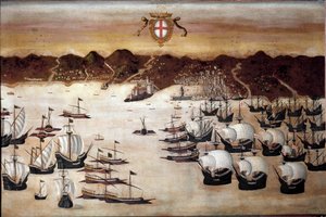 Schepen in de haven van Genua (16e-eeuws schilderij) door Unknown artist