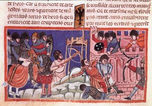 Beleg van een versterkte stad. Miniatuur uit een codex over de daden van Julius Caesar (101 v.Chr.-44 v.Chr.)
