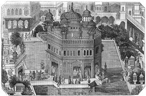 Sikhisme: uitzicht op de Gouden Tempel (Harmandir Sahib), het culturele centrum van de Sikh religie, het bassin en de stad Amritsar in de staat Punjab, India. In 