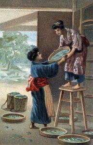 Zijderupskweek in een Japanse magneet. Chromolithografie van het einde van de 19e eeuw door Unknown artist