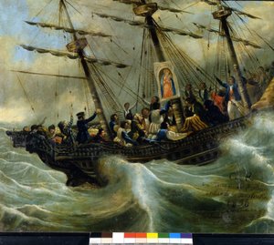 Zinken van een Zwitsers emigrantenschip. Ex voto van 1856 uit het heiligdom van de Madonna del Sasso in Locarno. Schilderij toegeschreven aan Giovanni Antonio Vanoni door Unknown artist
