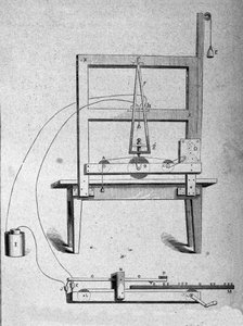 Schets van de eerste telegraaf van de Amerikaanse uitvinder Samuel Finley Breese Morse (1791-1872). Gravure uit de 19e eeuw door Unknown artist