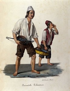 Kleine beroepen van de straat: verkopers van wandelende vissen. Sicilië, gravure uit de 19e eeuw door Unknown artist