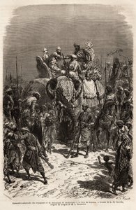 Plechtige ontmoeting en handdruk op de rug van een olifant, tussen het team van reizigers en de Maharajah van Chutterpore, op de beurs van Kajraha. Gravure ter illustratie van de reis in India van de Rajahs, door Louis Rousselet, in 1864-1868, gepubliceerd