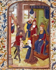 Het oordeel van Salomo: twee vrouwen beweren de moeder van hetzelfde kind te zijn (miniatuur uit een 15e-eeuws manuscript) door Unknown artist
