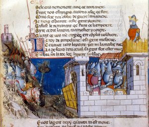 Lied van de heldendaden: een leger bereidt zich voor om het vijandelijke leger aan te vallen dat zich in een kasteel heeft verschanst en beschermd wordt door de ophaalbrug. Miniatuur uit het Frans-Italiaanse manuscript 