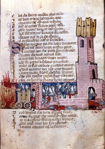 Lied van gebaar: gevechtsscène nabij een versterkte stad (waarschijnlijk de verovering van Spanje door het leger van Karel de Grote). Miniatuur uit het Frans-Italiaanse manuscript “Entrée d