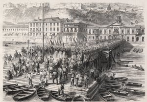 Zuid-Amerikaanse Hispano-oorlog tussen Chili en Spanje, september 1865: de dames van Valparaiso, in aanwezigheid van het Spaanse eskader dat de haven blokkeert, zingen patriottische hymnen - Gravure in 