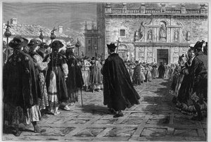 Spanje 1880: de feesten van Santiago de Compostela, de processie van de pelgrims bij de ingang van de basiliek.