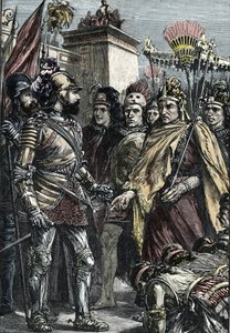 Spaanse verovering van Mexico: ontmoeting tussen Hernan Cortes en Montezuma II in 1519