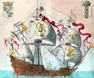 Spaanse schip uit de 16e eeuw. Gravure uit de 16e eeuw
