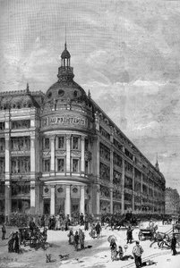 Spring warenhuizen in Parijs in 1883. Het hoekpaviljoen tussen rue de Provence en rue Caumartin