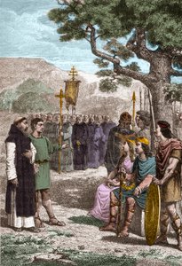 Sint-Augustinus van Canterbury (d 604) predikt voor Ethelbert (552? -616) Angelsaksische koning van Kent die hij in 597 doopte - Augustinus gestuurd door paus Gregorius I om Angelsaksen tot het christendom te bekeren - Voorstelling van Sint-Augustinus van  door Unknown artist