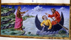 Sint-Pieter: Vissen op het Meer van Tiberias. Miniatuur van de 15e eeuw. Milaan, Biblioteca Trivulziana