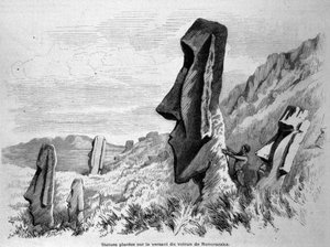 Beelden geplaatst op de helling van de vulkaan Ronoraraka op Paaseiland (Rapa Nui). Gravure 1871.